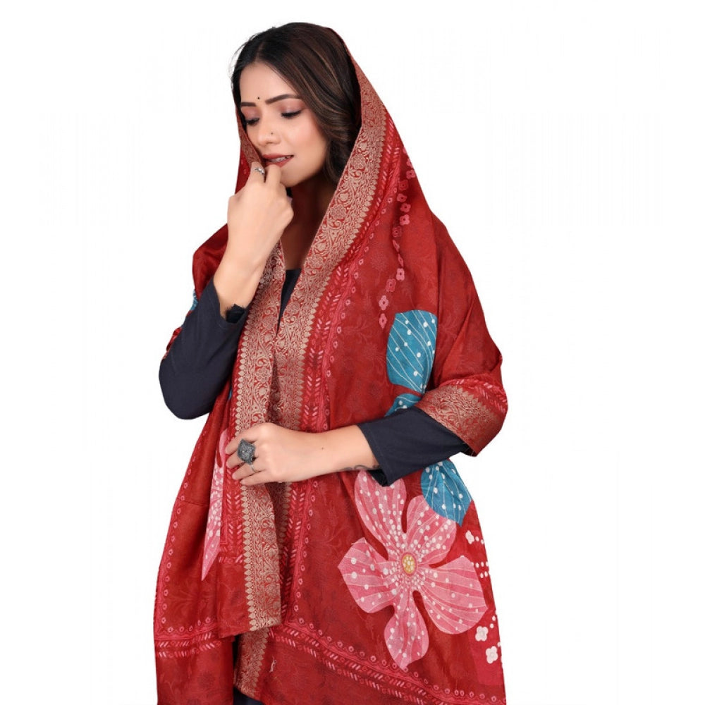 Red chanderi silk printed dupatta for casual occasions, machine washable accessory on hangar