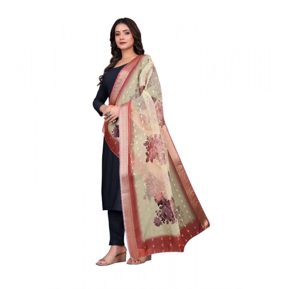 Beige chanderi silk printed dupatta for casual occasions, machine washable, displayed on hanger