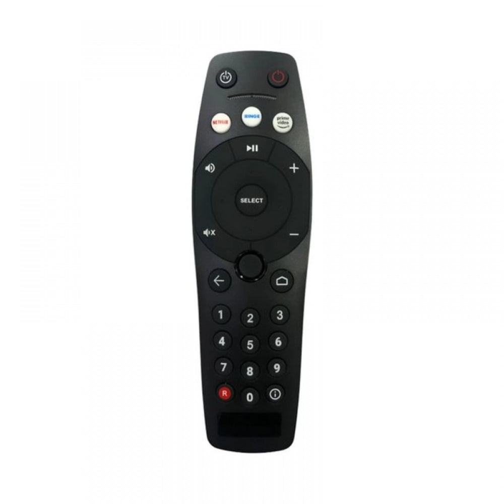 Black infrared remote for Tata Play Binge Plus DTH, compatible with Netflix and Prime Video, offers long-range control from sofa or bed