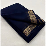Navy blue crepe chit pallu solid saree with unstitched blouse, 5.5Mtr length