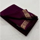Dark wine crepe chit pallu solid saree with unstitched blouse (5.5mtr), traditional Indian women's clothing on mannequin