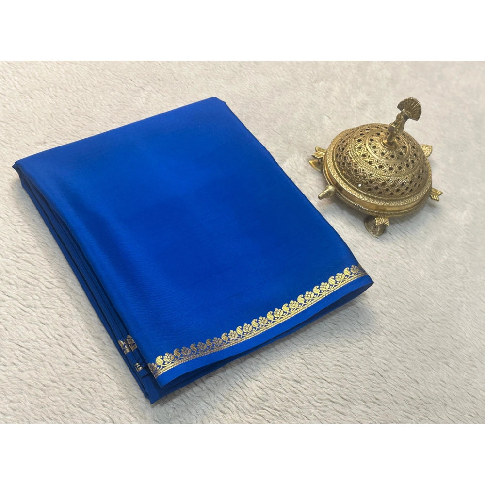 Blue crepe chit pallu solid saree with unstitched blouse, 5.5mtr length for Indian women's traditional wear