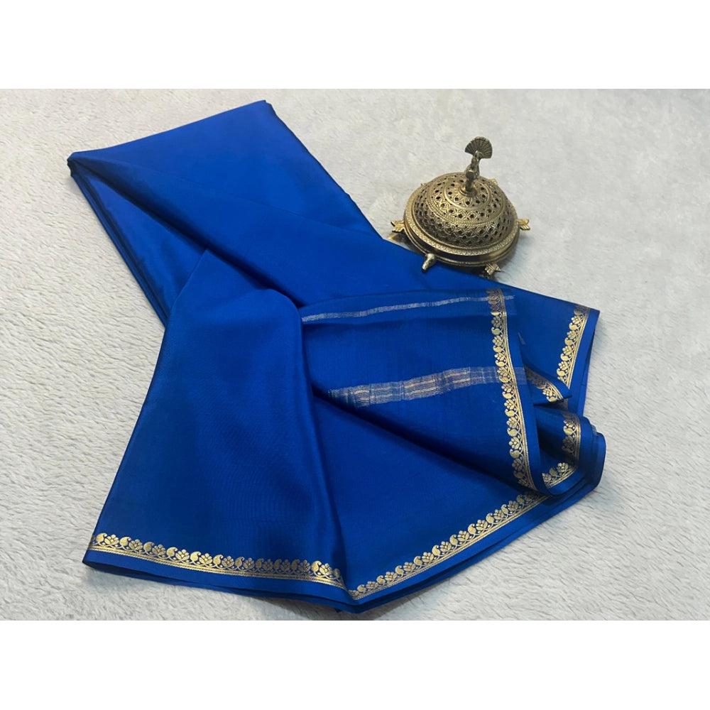 Blue crepe chit pallu solid saree with unstitched blouse, 5.5mtr length