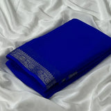 Blue crepe chit pallu solid saree with unstitched blouse, 5.5mtr length