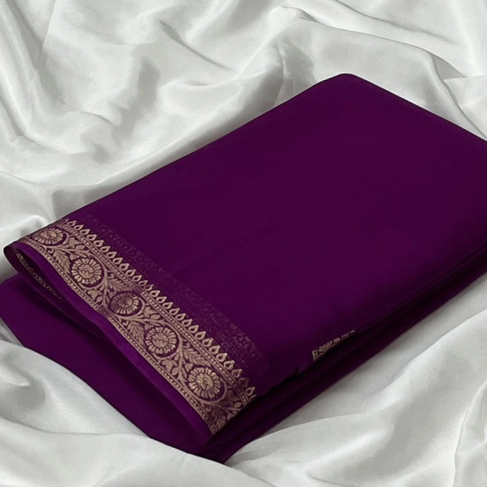 Women's wine crepe chit pallu solid saree with unstitched blouse, vibrant fashion statement for traditional events