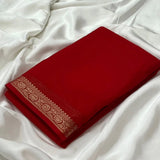 Red crepe chit pallu solid saree with unstitched blouse, vibrant Indian women's traditional wear