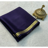 Navy blue crepe chit pallu solid saree with unstitched blouse, 5.5Mtr length