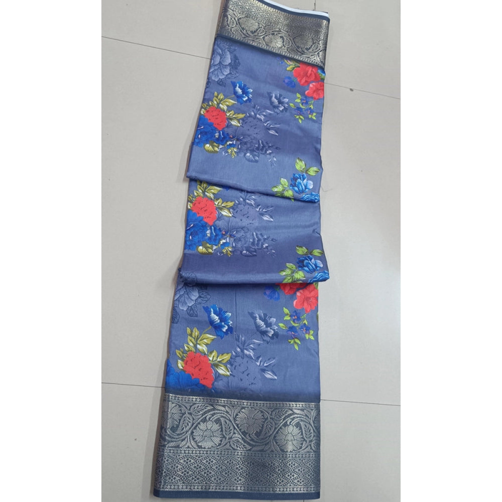 Grey digital dolla silk printed saree with unstitched blouse (5.5Mtr), fashionable women's traditional wear on display