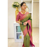Mehndi-Green soft lichi silk printed saree with unstitched blouse, vibrant floral design on display