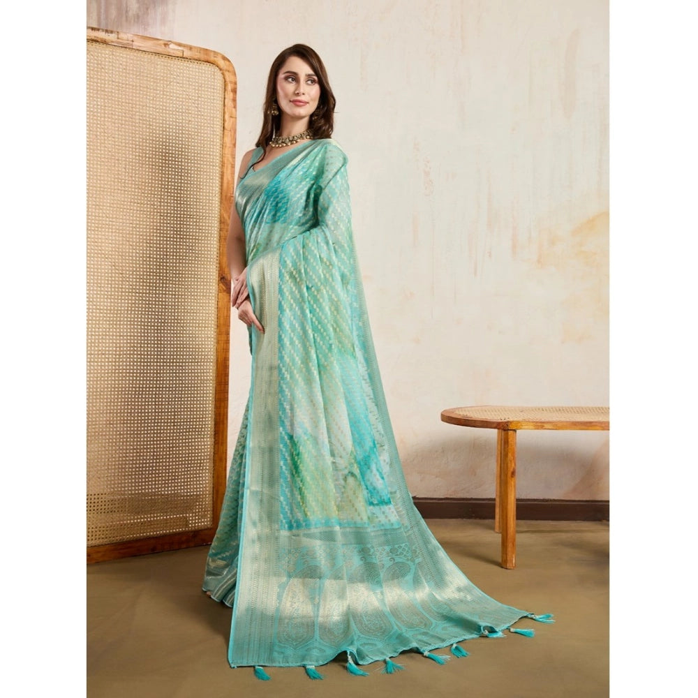 Green viscose printed saree with unstitched blouse (5.5mtr) - vibrant traditional attire on mannequin