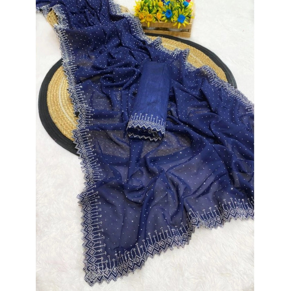 Blue georgette stone-work saree with unstitched blouse (5.5mtr) - women's fashion accessory