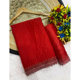 Red georgette stone work saree with unstitched blouse, 5.5mtr length on mannequin