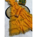 Yellow georgette stone work saree with unstitched blouse, vibrant Indian fashion accessory