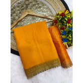 Yellow georgette stone-work saree with unstitched blouse (5.5mtr) on mannequin