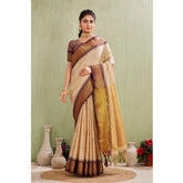 Beige silk-blend jacquard woven saree with unstitched blouse (5.5mtr), women's traditional Indian attire