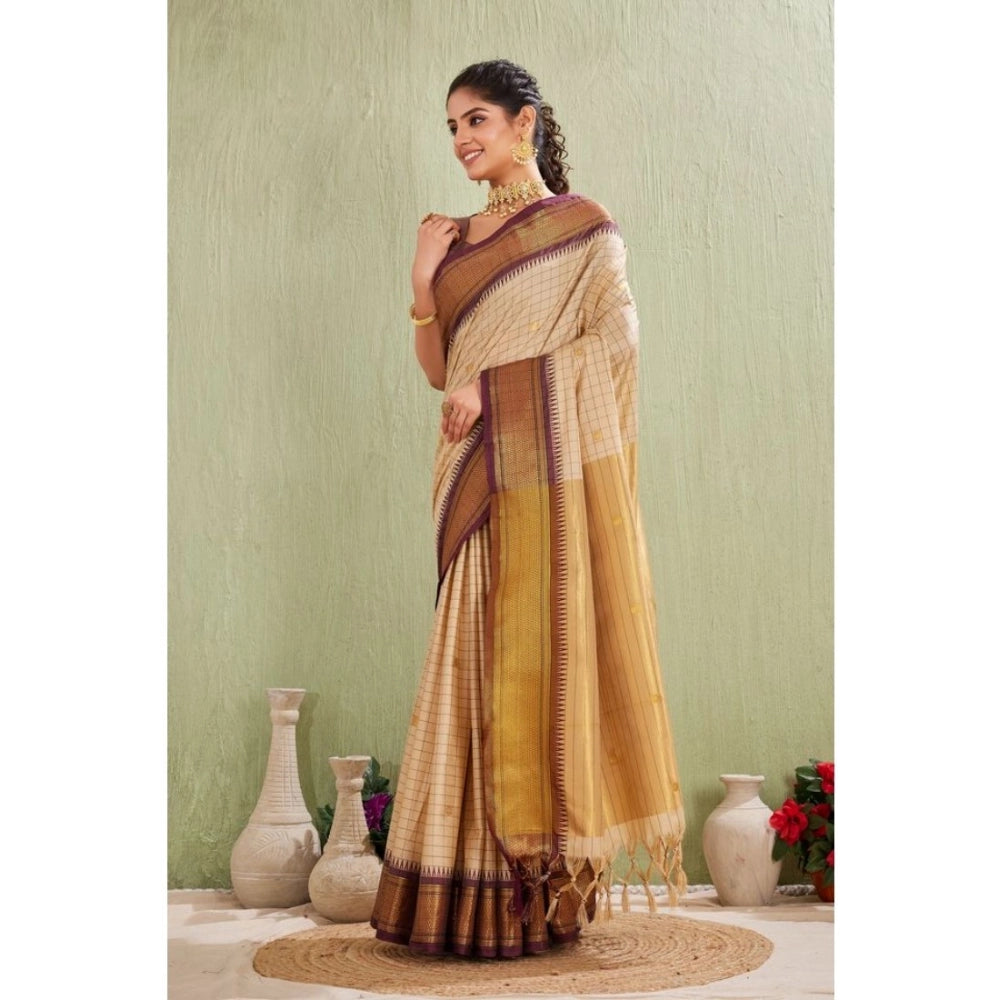 Beige silk blended jacquard woven saree with unstitched blouse (5.5Mtr), elegant traditional Indian attire for women