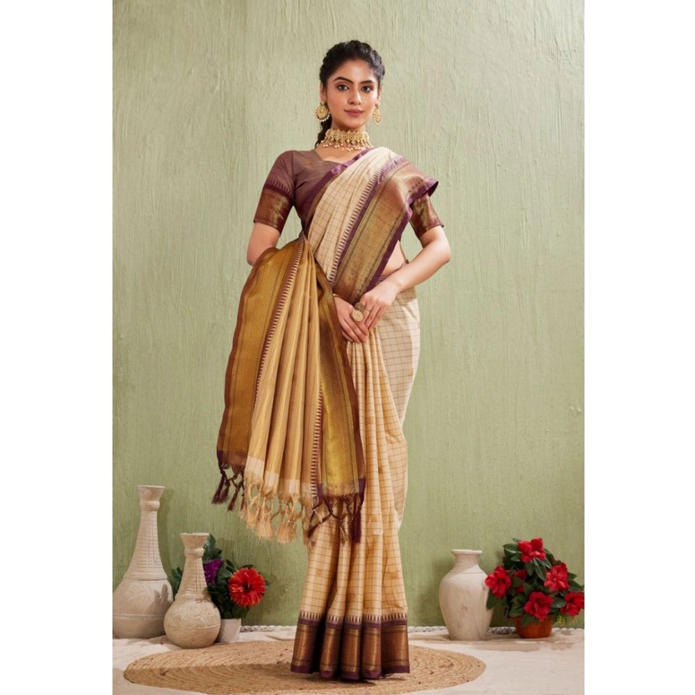Beige silk blended jacquard woven saree with unstitched blouse, elegant women's traditional Indian attire
