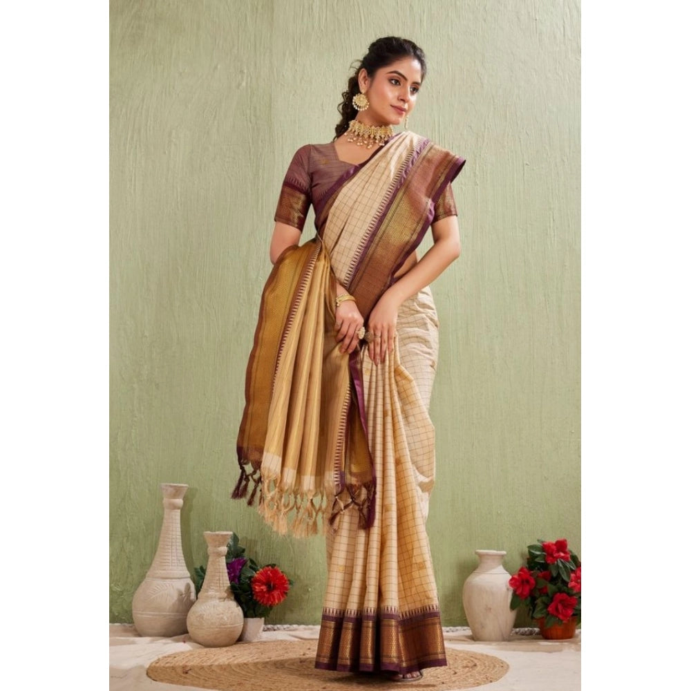 Beige silk-blend jacquard woven saree with unstitched blouse, 5.5Mtr length - women's fashion accessory on display