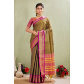 Green silk blended jacquard woven saree with unstitched blouse, vibrant Indian traditional attire for women