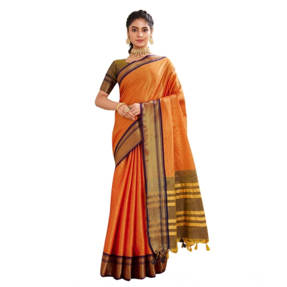 Orange silk blended jacquard woven saree with unstitched blouse (5.5mtr)