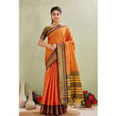 Orange silk blended jacquard woven saree with unstitched blouse (5.5mtr)