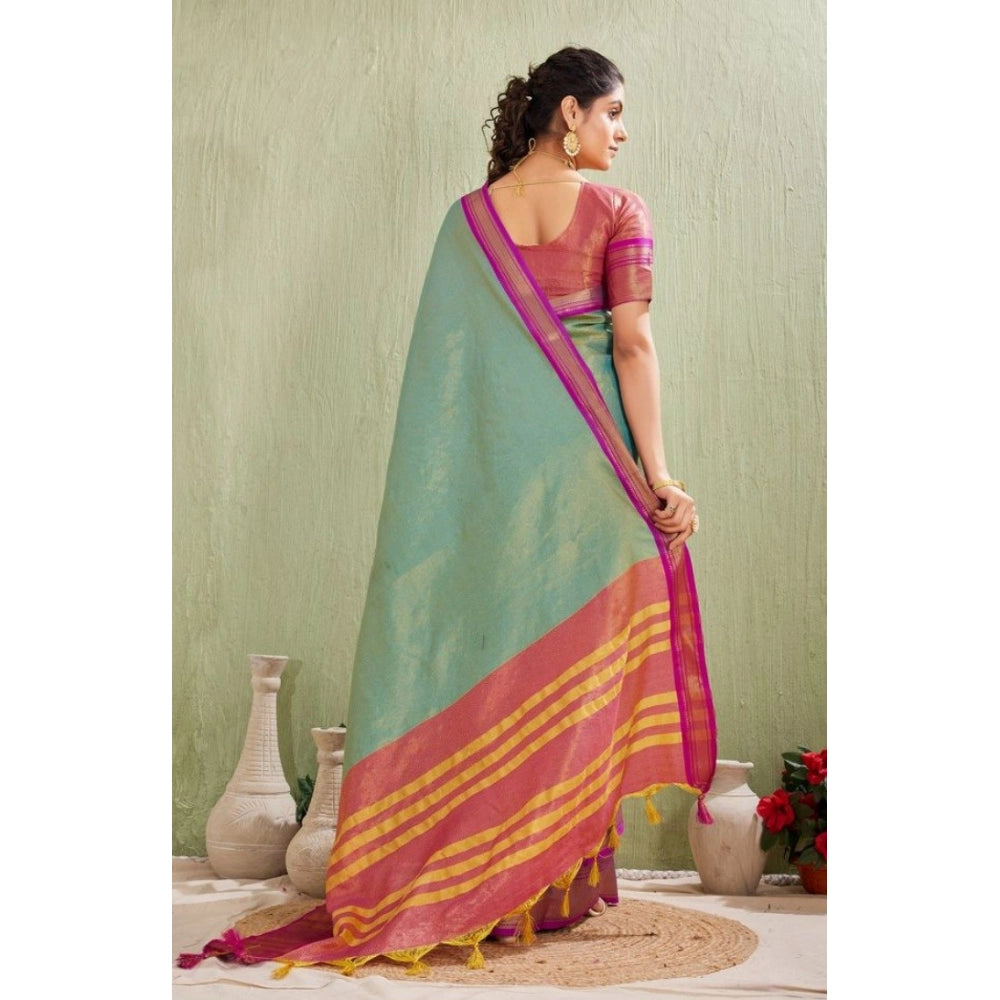 Light green silk blended jacquard woven saree with unstitched blouse, 5.5Mtr - luxury ethnic Indian wear for women