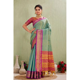 Light green silk blended jacquard woven saree with unstitched blouse, elegant Indian attire for women