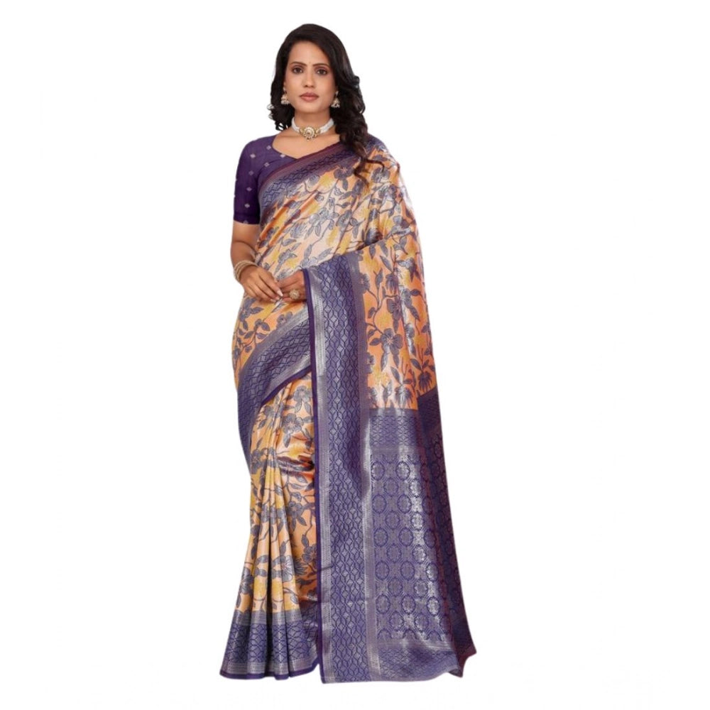 Orange Banarasi silk jacquard woven saree with unstitched blouse, 5.5mtr length on hanger