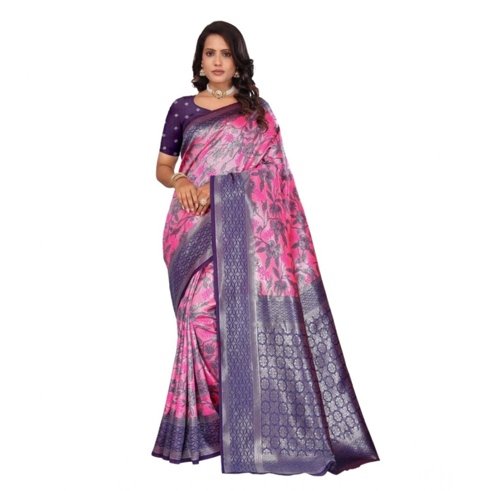 Pink Banarasi silk jacquard woven saree with unstitched blouse (5.5mtr) - traditional Indian bridal wear