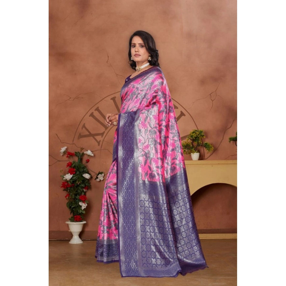 Banarasi silk pink jacquard woven saree with unstitched blouse, vibrant traditional Indian attire on display