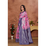 Banarasi silk pink jacquard woven saree with unstitched blouse, vibrant traditional Indian attire on display