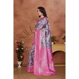 Banarasi silk pink jacquard woven saree with unstitched blouse, vibrant pattern on display
