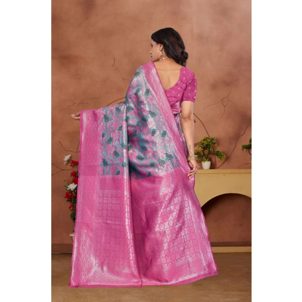 Pink Banarasi silk jacquard woven saree with unstitched blouse (5.5mtr)