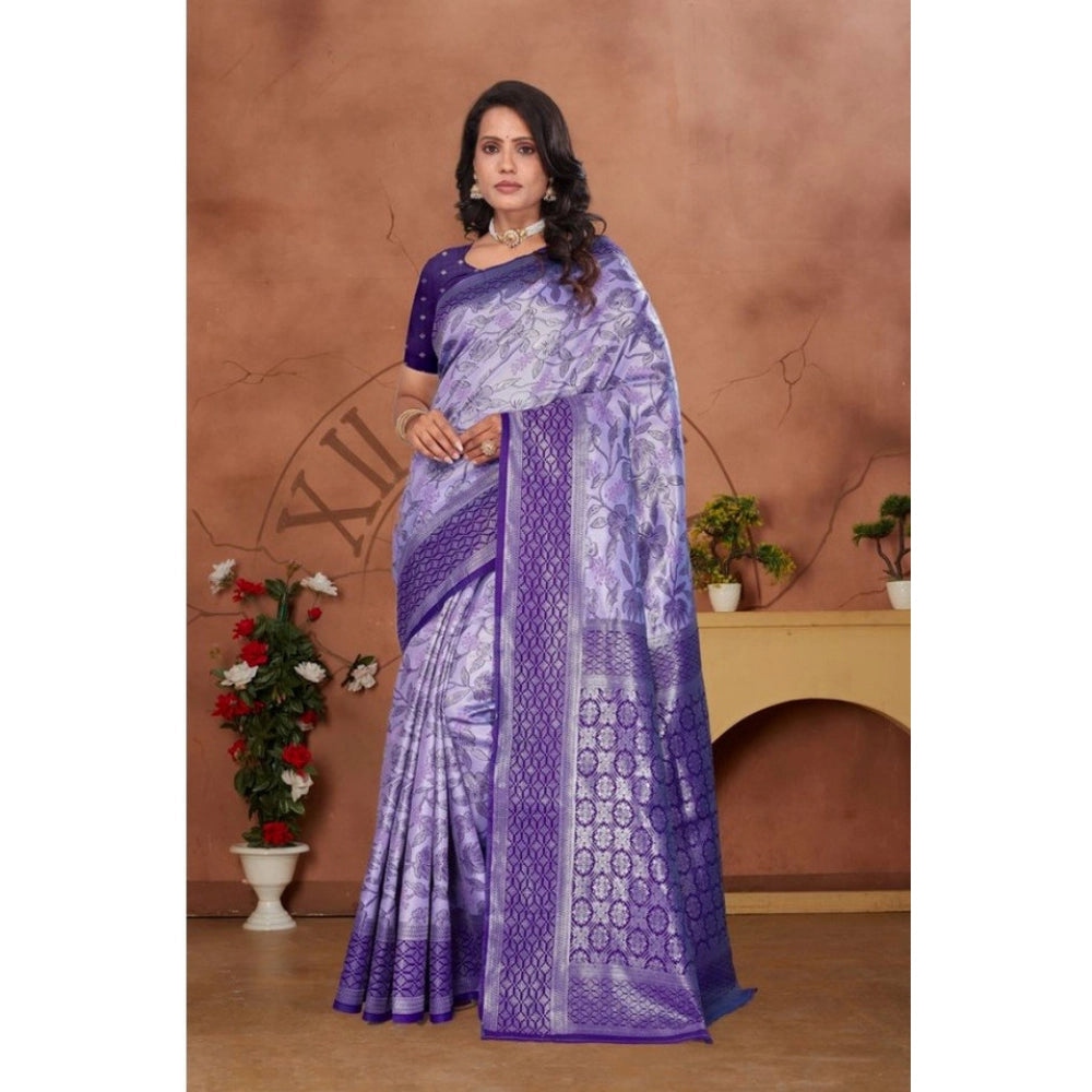 Purple Banarasi silk jacquard woven saree with unstitched blouse, 5.5mtr length for traditional Indian wear