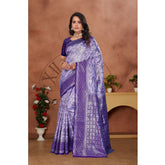 Purple Banarasi silk jacquard woven saree with unstitched blouse, 5.5mtr length for traditional Indian wear