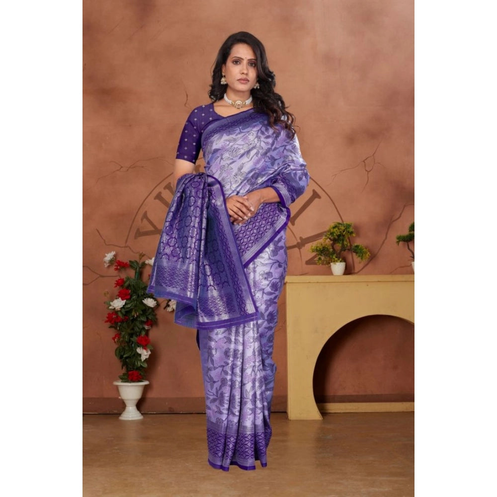Purple Banarasi silk jacquard woven saree with unstitched blouse, 5.5mtr - traditional Indian women's wear accessory