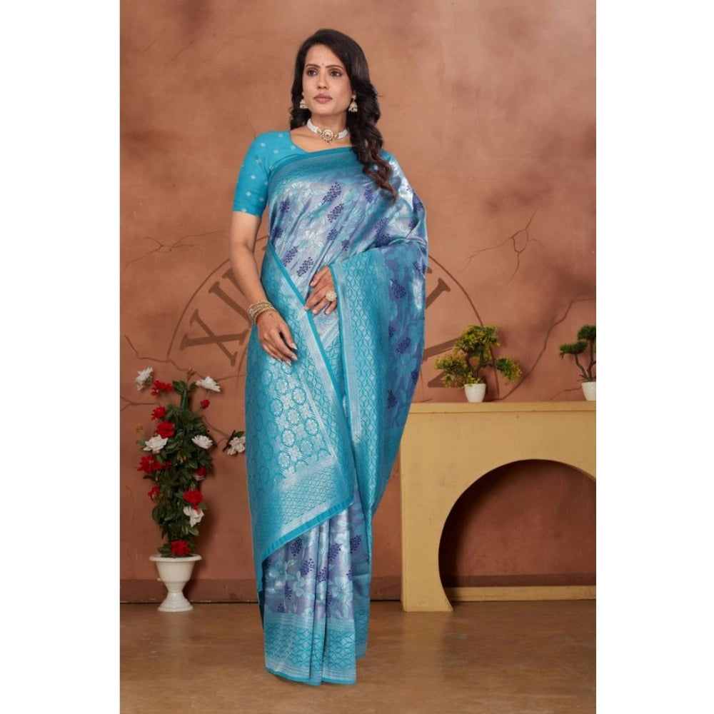 Light blue Banarasi silk jacquard woven saree with unstitched blouse, 5.5mtr on mannequin for fashion accessory
