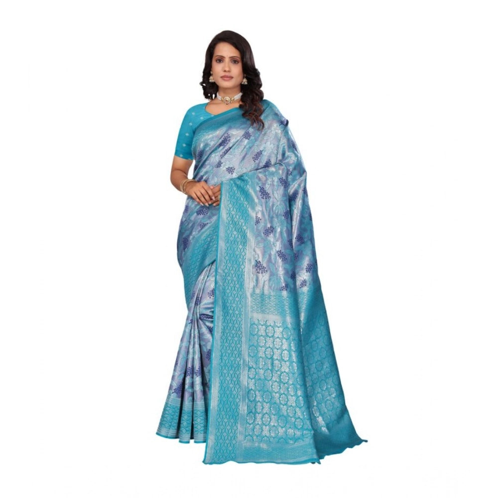 Light blue Banarasi silk jacquard woven saree with unstitched blouse, 5.5Mtr on model