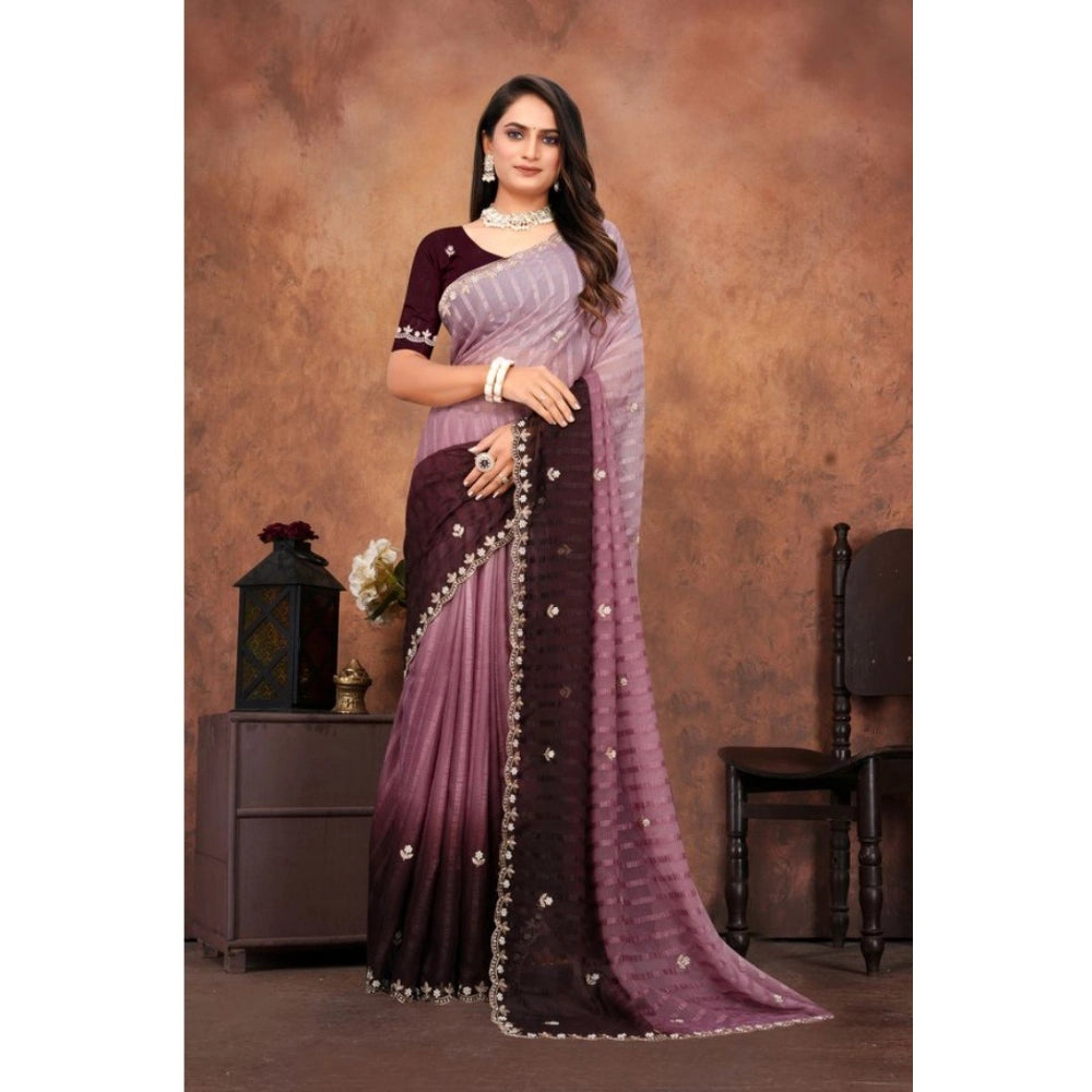 Beige chiffon embroidered saree with unstitched blouse (5.5mtr), intricate embellishments on traditional Indian attire
