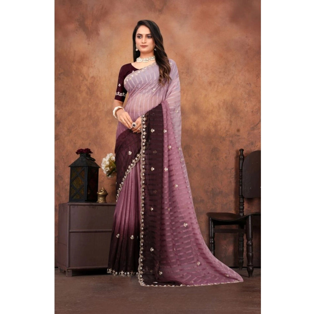 Chiffon embroidered beige saree with unstitched blouse, intricate patterns for traditional Indian wear