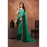 Dark green chiffon embroidered saree with unstitched blouse (5.5mtr), intricate patterns on display