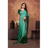 Dark green chiffon embroidered saree with unstitched blouse, intricate details on 5.5mtr Indian women's traditional wear