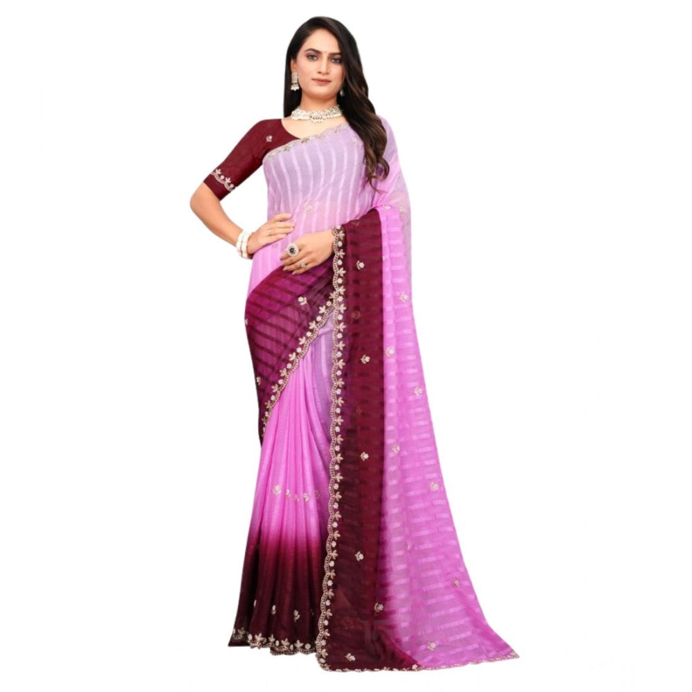 Pink chiffon embroidered saree with unstitched blouse (5.5mtr), elegant Indian traditional wear