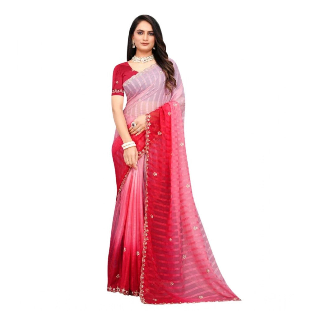 Pink chiffon embroidered saree with unstitched blouse (5.5mtr), elegant Indian fashion accessory