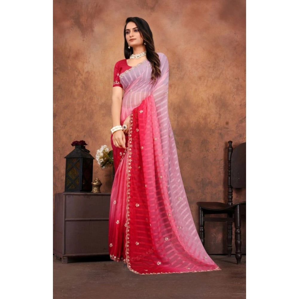 Pink chiffon embroidered saree with unstitched blouse (5.5mtr), intricate design on display