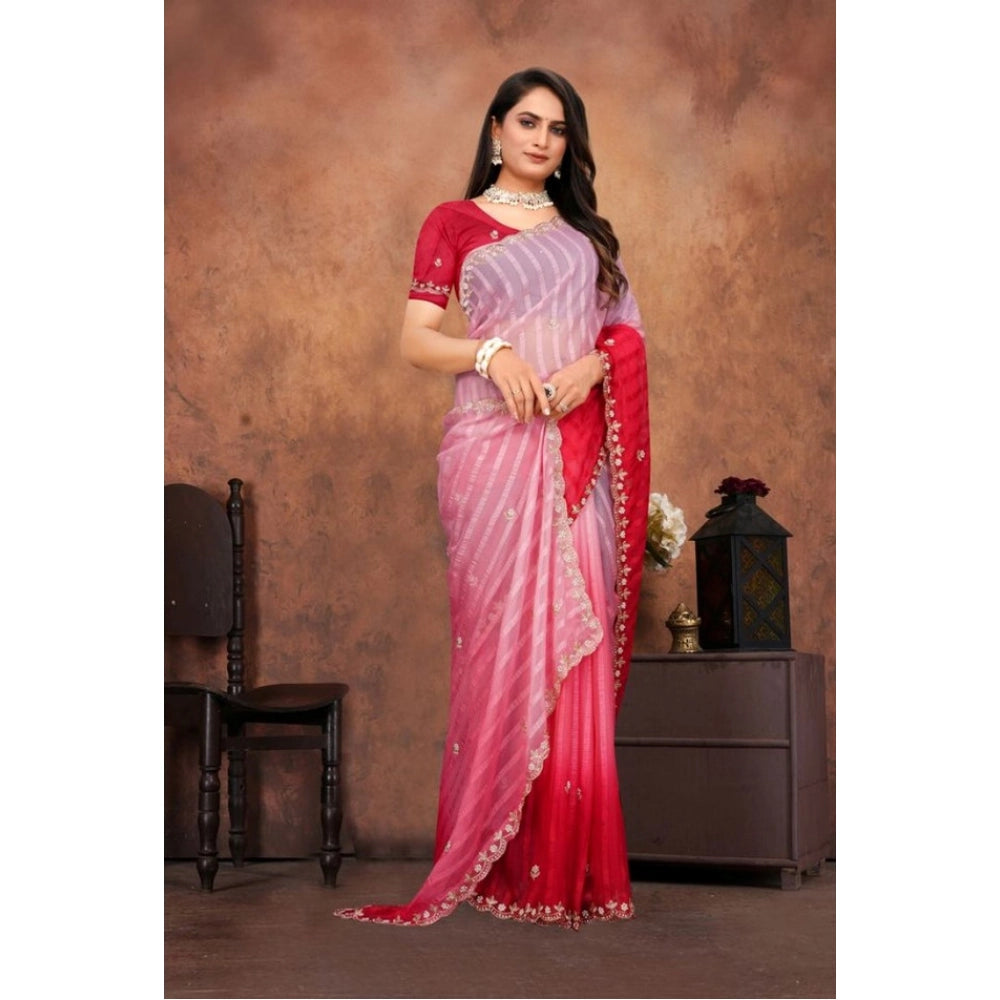 Pink chiffon embroidered saree with unstitched blouse (5.5mtr), intricate design on display