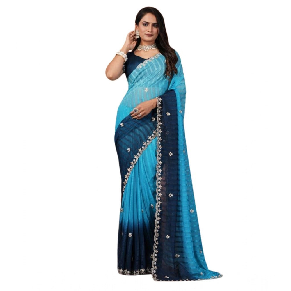 Light blue chiffon embroidered saree with unstitched blouse, intricate designs on display
