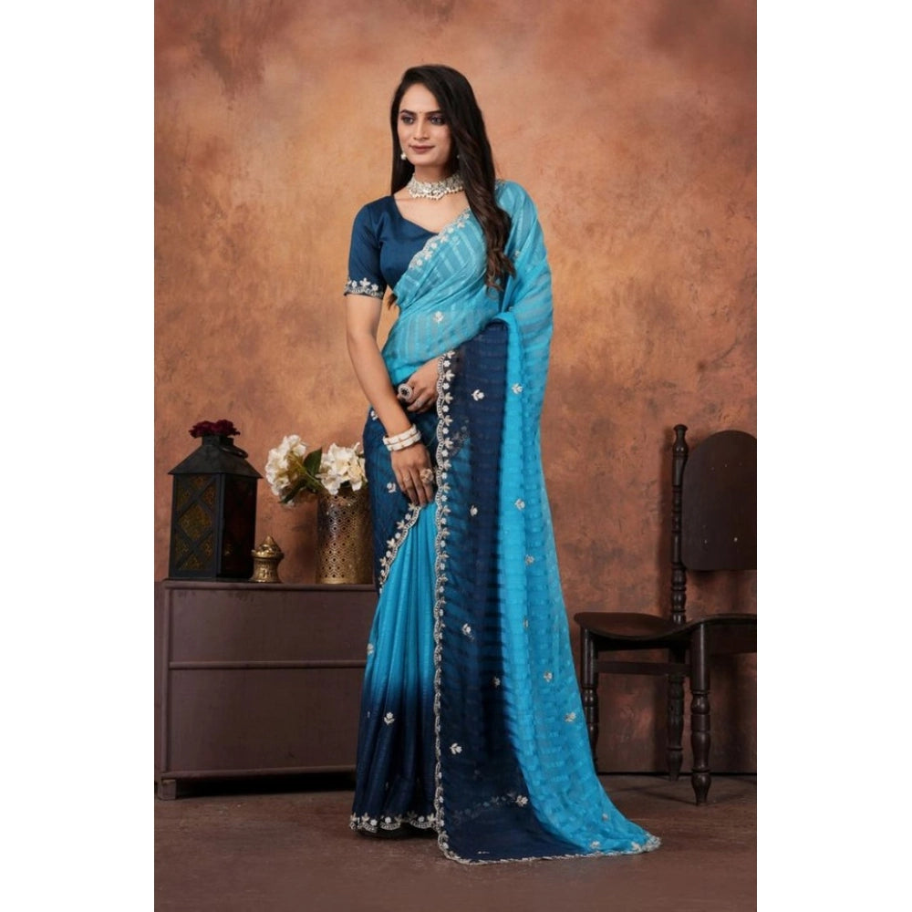 Light Blue chiffon embroidered saree with unstitched blouse, intricate designs on display