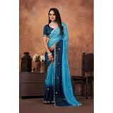 Light Blue chiffon embroidered saree with unstitched blouse, intricate designs on display