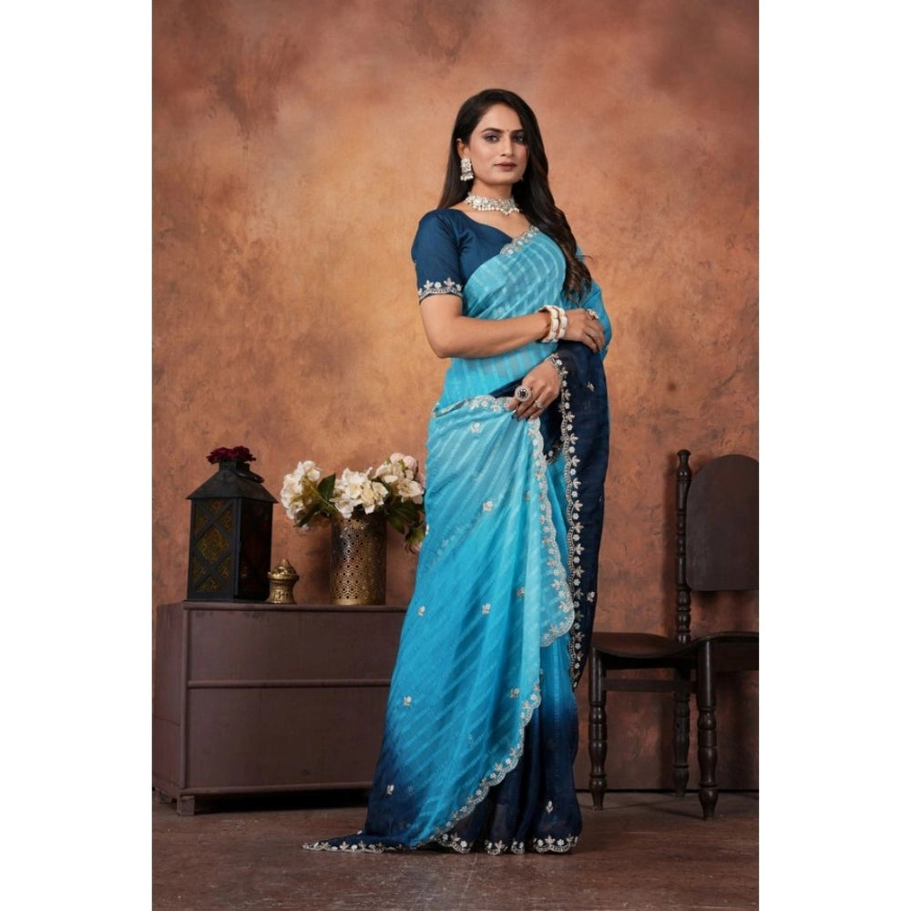 Light blue chiffon embroidered saree with unstitched blouse, intricate design on a 5.5mtr traditional Indian garment